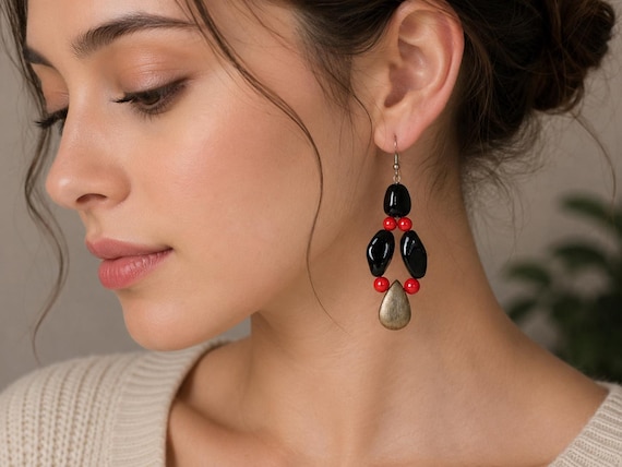 Onyx and Coral Earrings