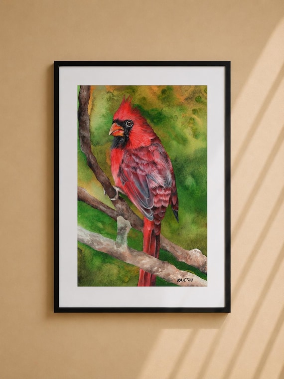 Red Cardinal Painting Matted Print – Wildlife Art, Bird Lover Gift