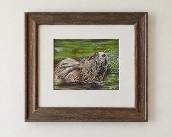 Original Nutria Watercolor Painting, Louisiana Wildlife Art, Framed Nutria Art