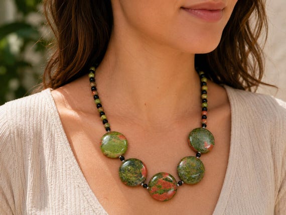 Large Unakite Focal Beads with Onyx Accents | Handmade Jewelry