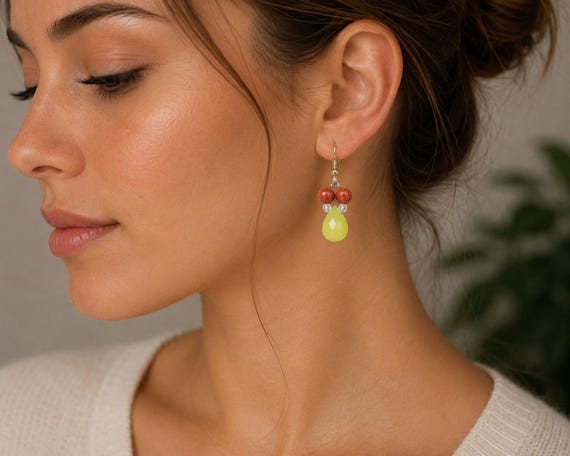 Olive Jade and Goldstone Hoop Earrings