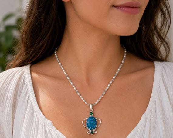 Blue Druzy, Crystal and White Pearl Necklace | Handmade Jewelry