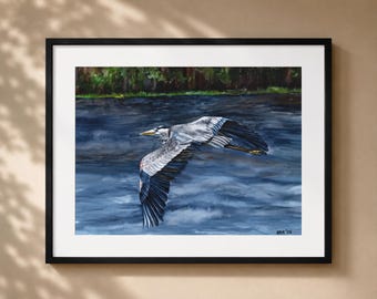 Flying Great Blue Heron Art Print – Matted Watercolor Print