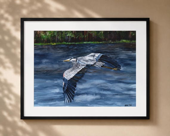 Blue Heron Watercolor Art Print – Southern Wetlands Bird Painting (Matted)