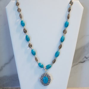 Turquoise Locket Pendant with Turquoise and Smokey Quartz | Handmade Jewelry