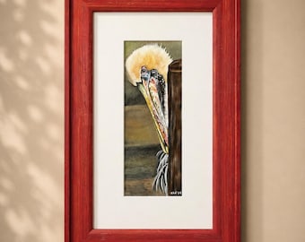 Original Louisiana Brown Pelican Painting Framed 4x8 Wildlife Art with Gallery Glass | Coastal Bird Watercolor | Pelican Wall Decor