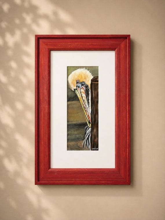 Original Louisiana Brown Pelican Painting Framed 4x8 Wildlife Art with Gallery Glass | Coastal Bird Watercolor | Pelican Wall Decor