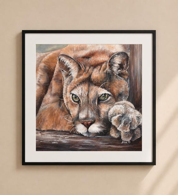 Intense Cougar Painting - Matted Print