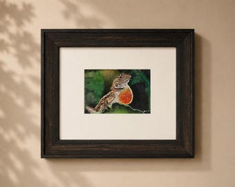 Original Brown Anole Lizard Painting Framed 6x6 Wildlife Art with Gallery Glass | Lizard with Red Dewlap | Reptile Wall Decor