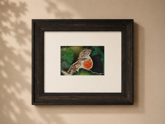 Original Brown Anole Lizard Painting Framed 6x6 Wildlife Art with Gallery Glass | Lizard with Red Dewlap | Reptile Wall Decor