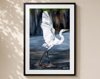 White Egret Watercolor Art Print - Matted Wildlife Wall Decor
