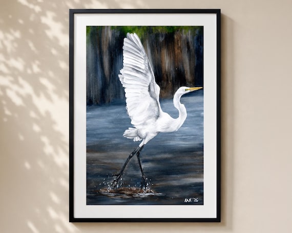 White Egret Watercolor Art Print - Matted Wildlife Wall Decor