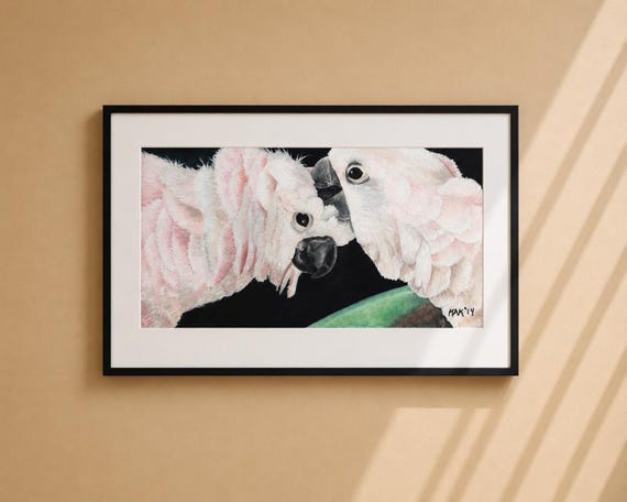 Cockatoos Watercolor Painting – Matted Bird Lover Art Print