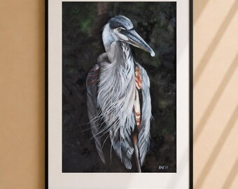 Blue Heron Art Print - Matted Wildlife Painting (14x11, Frame-Ready)