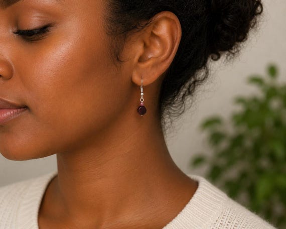 Small Garnet Earrings, Sterling Silver Dangles