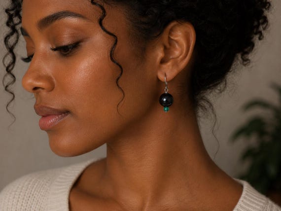 Green Glass and Onyx Earrings