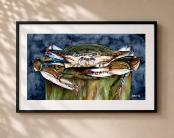 Blue Crab Watercolor Painting - Matted Print