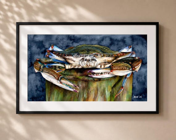 Blue Crab Watercolor Painting - Matted Print