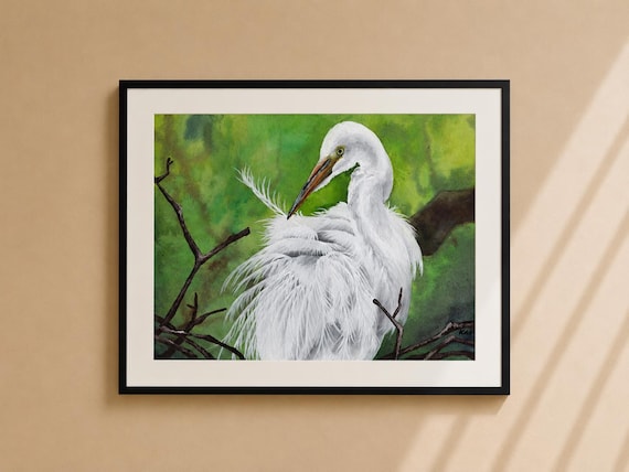 Egret Watercolor Painting - Matted Bird Art Print (14x11)