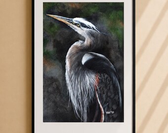 Blue Heron Painting - Matted Wildlife Art Print, Nature Decor, Bird Lover Gift