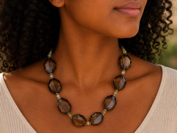 Chunky Smokey Quartz Necklace with Green Garnet and Crystals