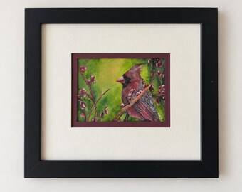 Original Cardinal Watercolor Painting, Red Cardinal Bird Art
