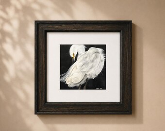Original Egret Painting Framed 6x6 Wildlife Art with Gallery Glass | White Egret Watercolor on Black Background | Bird Lover Gift