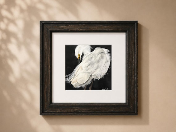 Original Egret Painting Framed 6x6 Wildlife Art with Gallery Glass | White Egret Watercolor on Black Background | Bird Lover Gift