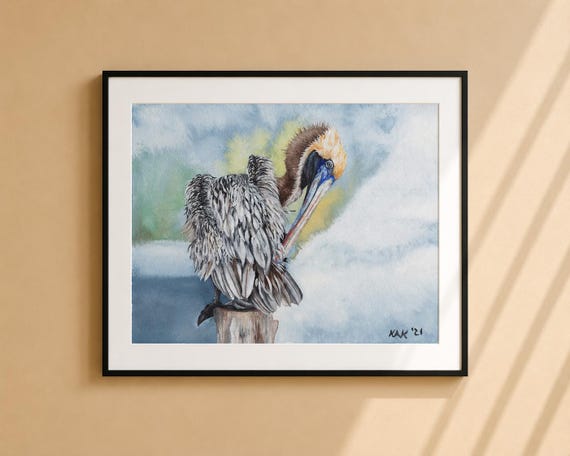 Pelican Preening on Dock Watercolor Painting - Matted Prints