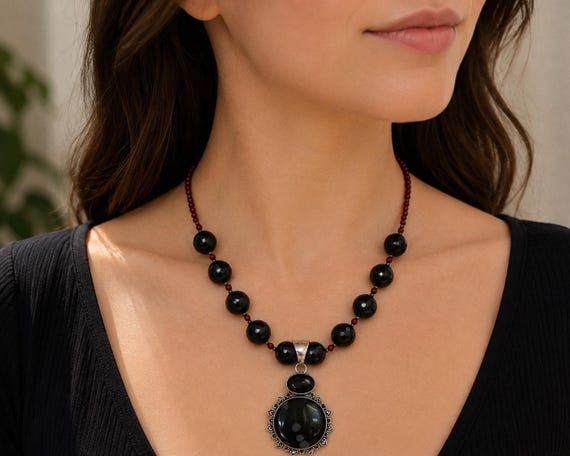 Snowflake Agate with Onyx and Garnet | Handmade Jewelry