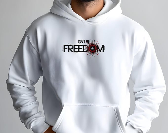 Featured listing image: Cost of Freedom White, Light Blue, Sand. Printed, Classic Unisex Pullover Hoodie | Gildan® 18500