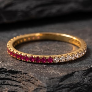 Round Cut Ruby and CZ Wedding Band, Half Eternity Ring, Dainty Gold Stackable Ring, Anniversary Band, Bridal Gift for Her