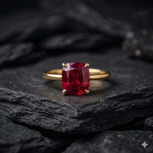 Bague solitaire en rubis créée en laboratoire taille émeraude, bague minimaliste en or jaune, bijoux art déco, pierre de naissance de juillet, cadeau d'anniversaire pour elle