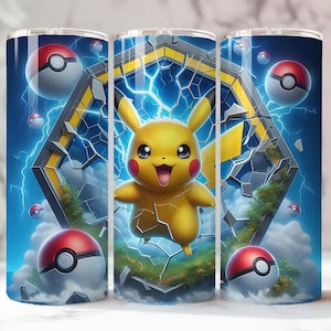 May include: A set of three stainless steel tumblers featuring a vibrant design of Pikachu, a yellow creature with red cheeks, breaking through a cracked structure. The design includes blue lightning, green foliage, and red and white Pokeball graphics.