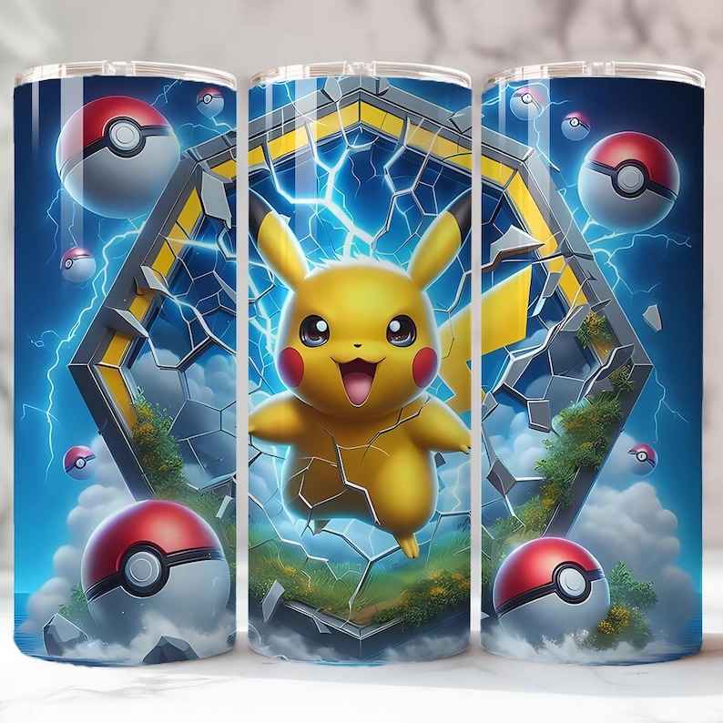 May include: A set of three stainless steel tumblers featuring a vibrant design of Pikachu, a yellow creature with red cheeks, breaking through a cracked structure. The design includes blue lightning, green foliage, and red and white Pokeball graphics.