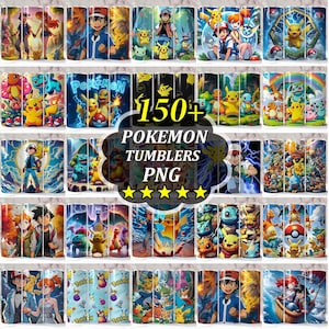 Könnte beinhalten: Eine Sammlung von Pokemon-Tumblern, jeweils mit lebendigen Charakterillustrationen und -designs. Die Tumbler zeigen verschiedene Charaktere und Szenen aus der beliebten Franchise, mit einer zentralen Grafik mit der Aufschrift "150+ Pokemon Tumblers PNG".