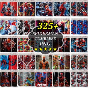 Op de afbeelding: Een verzameling Spiderman-bekers met verschillende ontwerpen, met de superheld in actieposes en stripboekstijl illustraties. De afbeelding bevat de tekst "325+ Spiderman Tumblers PNG" en een sterrenbeoordeling.