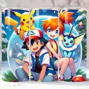 May include: Three stainless steel tumblers feature a winter scene with cartoon characters. The design includes Ash Ketchum, Pikachu, Misty, and Vaporeon inside a snow globe. The background has a snowy forest and Christmas ornaments.