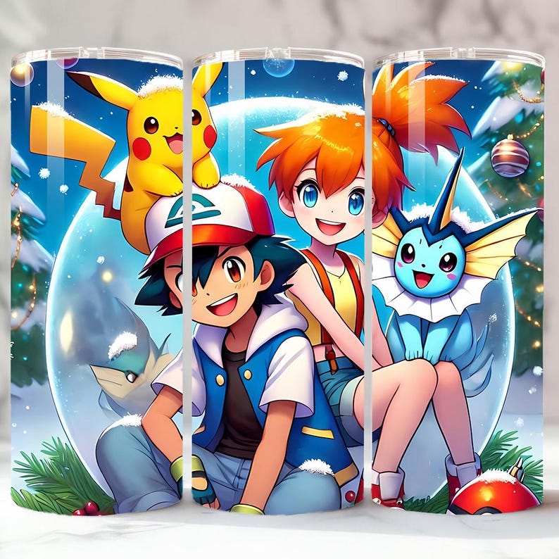 May include: Three stainless steel tumblers feature a winter scene with cartoon characters. The design includes Ash Ketchum, Pikachu, Misty, and Vaporeon inside a snow globe. The background has a snowy forest and Christmas ornaments.