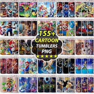 May include: Collection of cartoon-themed tumblers featuring various characters, including Bugs Bunny, Mario, and the Teenage Mutant Ninja Turtles. The tumblers showcase vibrant designs and the text "155+ CARTOON TUMBLERS PNG".