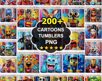 May include: A collection of cartoon-themed tumblers featuring various characters, including Snow White, Winnie the Pooh, Lightning McQueen, Bambi, and Bugs Bunny. The tumblers are colorful and decorated with vibrant designs. The image also includes text that says "200+ CARTOONS TUMBLERS PNG".