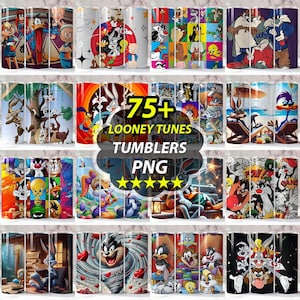 Könnte beinhalten: Eine Sammlung von Looney Tunes-Bechern mit verschiedenen Charakteren wie Bugs Bunny und Daffy Duck. Die Becher haben farbenfrohe Designs und der Text "75+ LOONEY TUNES TUMBLERS PNG" ist sichtbar.