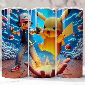 May include: A tumbler featuring a vibrant illustration of Ash Ketchum and Pikachu from the Pok&eacute;mon series. The design includes a blue sky background with clouds, Pok&eacute; Balls, and a wooden floor. The characters are in dynamic poses, with a glowing energy effect.
