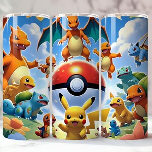 May include: A tumbler featuring a vibrant design with various Pok&eacute;mon characters, including Pikachu, Charizard, and Bulbasaur, set against a blue sky and grassy landscape. The design includes a large Pok&eacute;ball in the center.