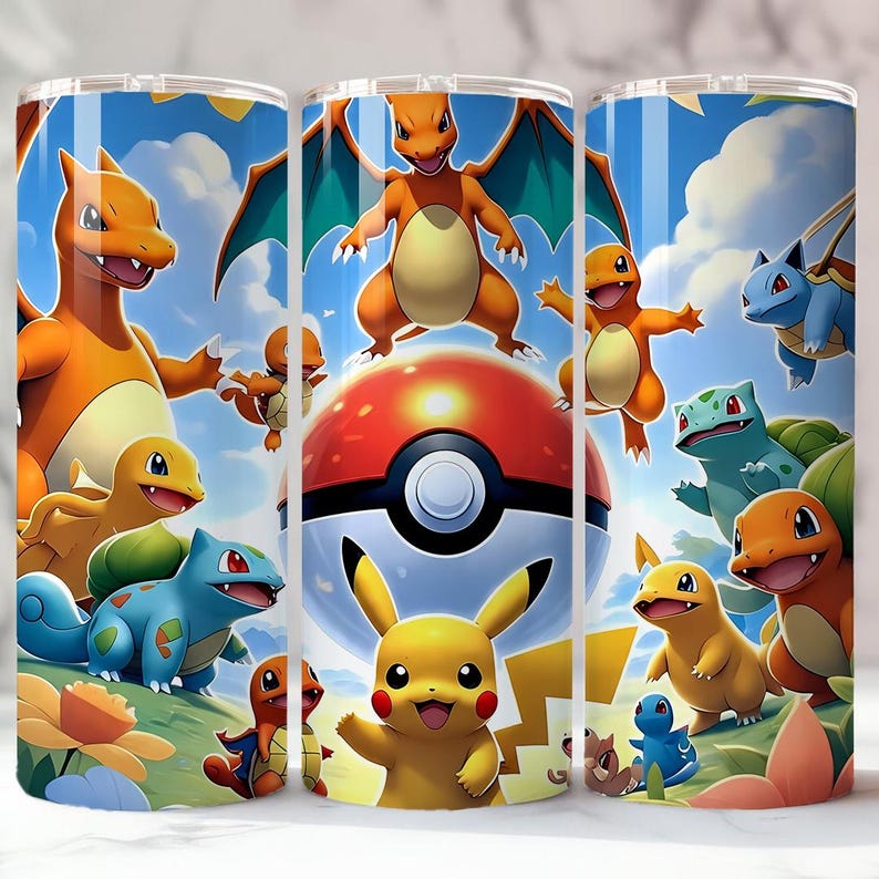 May include: A tumbler featuring a vibrant design with various Pok&eacute;mon characters, including Pikachu, Charizard, and Bulbasaur, set against a blue sky and grassy landscape. The design includes a large Pok&eacute;ball in the center.