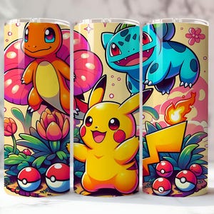 May include: Three colorful tumblers featuring popular cartoon characters. The designs include a yellow Pikachu, an orange Charmander, and a blue Bulbasaur, along with other cartoon elements. The tumblers have a light yellow background with pink and green accents.