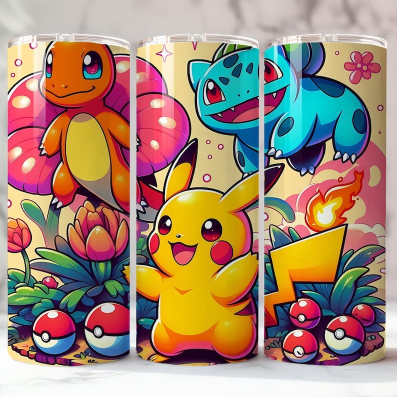 May include: Three colorful tumblers featuring popular cartoon characters. The designs include a yellow Pikachu, an orange Charmander, and a blue Bulbasaur, along with other cartoon elements. The tumblers have a light yellow background with pink and green accents.