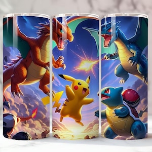 May include: Three stainless steel insulated tumblers with a colorful illustration of Pokemon characters. The design features a red dragon, a blue dragon, Pikachu, and Squirtle against a blue sky background.