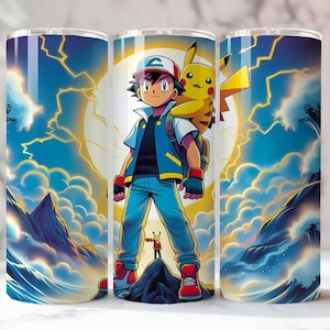 May include: A stainless steel tumbler featuring a vibrant illustration of an anime character with a yellow creature on his shoulder, set against a backdrop of a stormy sky and mountains. The design includes a large yellow sun and lightning bolts.