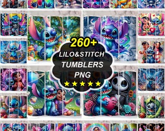May include: A collection of tumblers featuring various designs of the characters Stitch and Lilo from the animated movie. The tumblers showcase vibrant colors and detailed illustrations, with some including text that reads "260+ Lilo & Stitch Tumblers PNG".